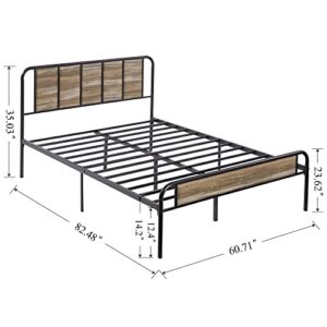 VECELO Queen Bed Frame Heavy Duty Metal Platform with Wooden Headboard Footboard Mattress Foundation 12 Strong Steel Slats Support Under Bed Storage/Easy Assemble