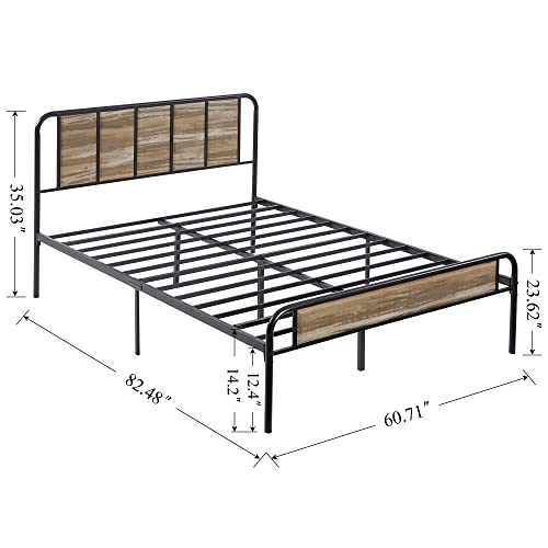 VECELO Queen Bed Frame Heavy Duty Metal Platform with Wooden Headboard Footboard Mattress Foundation 12 Strong Steel Slats Support Under Bed Storage/Easy Assemble