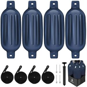 dreizack boat fenders 4 pack 6.5"x23", boat bumpers for docking with 4 ropes, inflatable ribbed marine pontoon boat fender bumper for docks with 1 storage bag, 1 air pump and 4 needles, blue