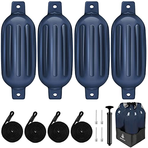 Dreizack Boat Fenders 4 Pack 6.5"x23", Boat Bumpers for Docking with 4 Ropes, Inflatable Ribbed Marine Pontoon Boat Fender Bumper for Docks with 1 Storage Bag, 1 Air Pump and 4 Needles, Blue