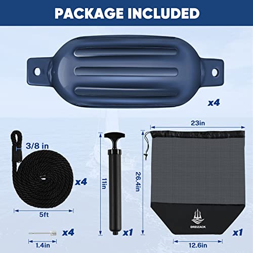 Dreizack Boat Fenders 4 Pack 6.5"x23", Boat Bumpers for Docking with 4 Ropes, Inflatable Ribbed Marine Pontoon Boat Fender Bumper for Docks with 1 Storage Bag, 1 Air Pump and 4 Needles, Blue