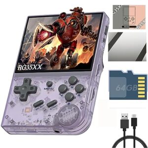 anbêrnic rg35xx handheld emulator pocket retro handheld game console, 3.5 inch ips screen linux system built-in 64g tf card 5474 classic games support hdmi tv output (transparent purple1)