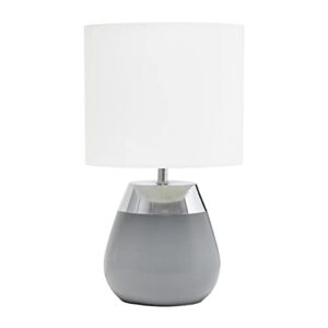 simple designs lt1106-gry 14" tall modern 2 tone metallic chrome & gray metal bedside 4 settings touch table desk lamp w white fabric drum shade for décor, bedroom, living room, dining room, office