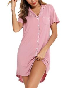 gepansis women's short sleeve button front sleepshirt softt nightgown boyfriend nightshirt sleepwear pink