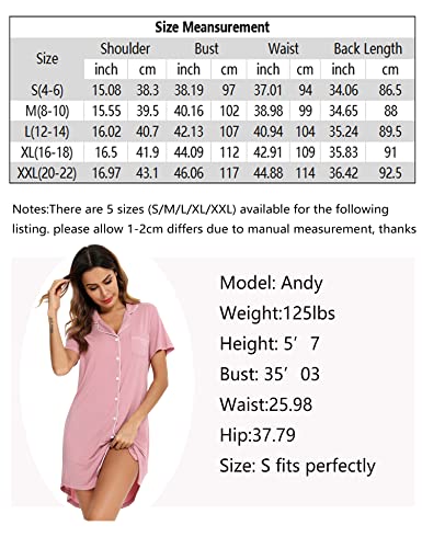 Gepansis Women's Short Sleeve Button Front Sleepshirt Softt Nightgown Boyfriend Nightshirt Sleepwear Pink