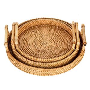 lahera set of 3 rattan tray decorative serving tray, round wicker tray, dinner tray table set, rustic decorative tray for breakfast, drinks, snack tray, basket tray, coffee table tray