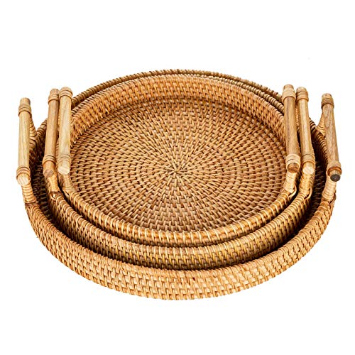 LAHERA Set of 3 Rattan Tray Decorative Serving Tray, Round Wicker Tray, Dinner Tray Table Set, Rustic Decorative Tray for Breakfast, Drinks, Snack Tray, Basket Tray, Coffee Table Tray