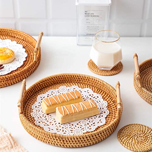 LAHERA Set of 3 Rattan Tray Decorative Serving Tray, Round Wicker Tray, Dinner Tray Table Set, Rustic Decorative Tray for Breakfast, Drinks, Snack Tray, Basket Tray, Coffee Table Tray