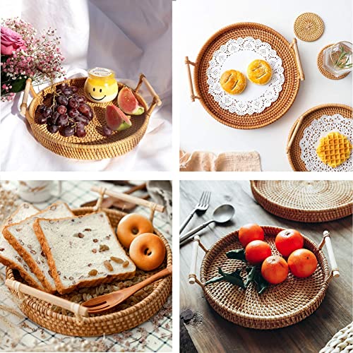 LAHERA Set of 3 Rattan Tray Decorative Serving Tray, Round Wicker Tray, Dinner Tray Table Set, Rustic Decorative Tray for Breakfast, Drinks, Snack Tray, Basket Tray, Coffee Table Tray