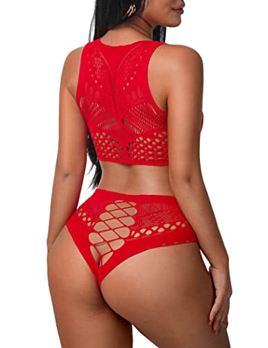 Avidlove Sexy Lingerie Fishnet Lingerie for Women Two Piece Lingerie Red Lingerie Fishnet Outfit Mesh Lingerie