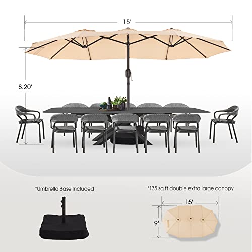 BLUU 15ft Large Patio Umbrellas with Base Included, Outdoor Double-Sided Umbrella with Crank Handle, Powerful UV Protective, for Pool Lawn Garden (Beige)