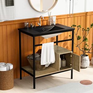 polibi 30" bathroom vanity with single sink, bathroom cabinet with metal frame and base wooden cabinet, black