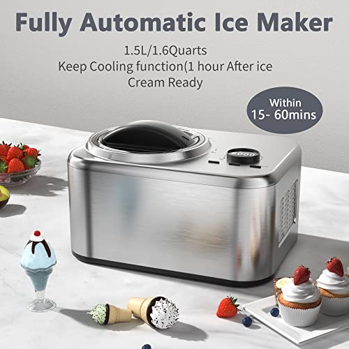 COWSAR Ice Cream Maker,1.6Quart Automatic Ice Cream Maker,No Pre-Freezing,Automatic Ice Cream Maker with Compressor,Frozen Yogurt Machine with Removable Ice Cream Bowl,Keep Cool Function