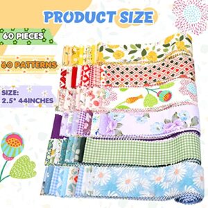 60 Pcs Jelly Cotton Fabric Rolls Vintage Quilting Fabric Strips Precut Quilting Fabric Floral Patchwork Craft for Weaving Quilting, 60 Styles