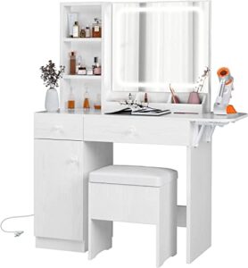 ironck vanity desk with led lighted mirror & power outlet, makeup table with drawers & cabinet,storage stool,for bedroom, white
