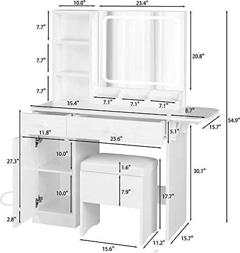 IRONCK Vanity Desk with LED Lighted Mirror & Power Outlet, Makeup Table with Drawers & Cabinet,Storage Stool,for Bedroom, White