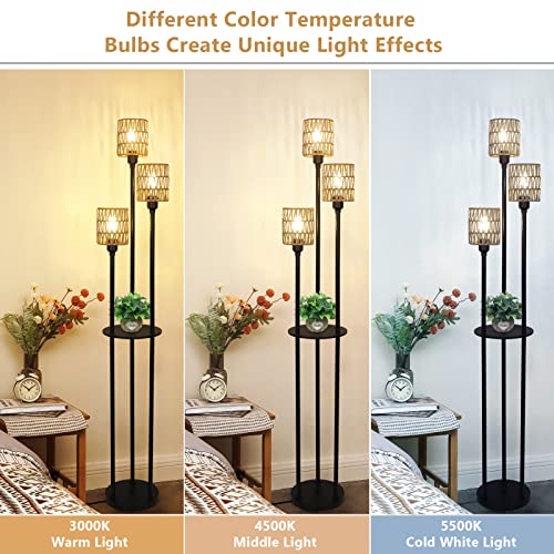 Stepeak Boho Floor Lamp, 3-Lights Rattan Floor Lamp with Shelves, Farmhouse Floor Lamp with ON/OFF Foot Switch, Rustic Standing Lamp with Rattan Shades, Tall Floor Lamps for Living Room Bedroom Office