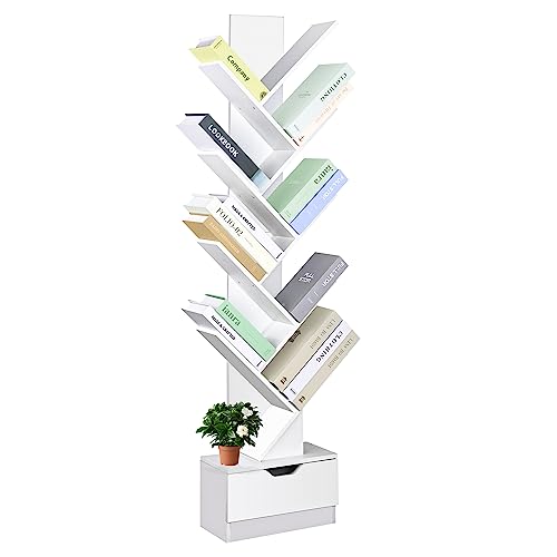 Tree Bookshelf with Wooden Drawer, 10-Tier Open Shelf Narrow Bookcase, Unique Vertical Spine Bookshelf Small Spaces, Book Shelf with Drawers Storage Organizer Shelves for Living Room, Bedroom, Library