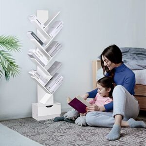 Tree Bookshelf with Wooden Drawer, 10-Tier Open Shelf Narrow Bookcase, Unique Vertical Spine Bookshelf Small Spaces, Book Shelf with Drawers Storage Organizer Shelves for Living Room, Bedroom, Library