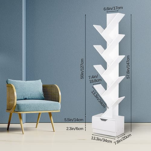 Tree Bookshelf with Wooden Drawer, 10-Tier Open Shelf Narrow Bookcase, Unique Vertical Spine Bookshelf Small Spaces, Book Shelf with Drawers Storage Organizer Shelves for Living Room, Bedroom, Library