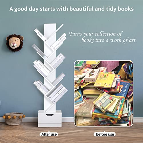Tree Bookshelf with Wooden Drawer, 10-Tier Open Shelf Narrow Bookcase, Unique Vertical Spine Bookshelf Small Spaces, Book Shelf with Drawers Storage Organizer Shelves for Living Room, Bedroom, Library