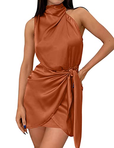 ZESICA Women's 2023 Fashion Satin Sleeveless Halter Neck Tie Waist Wrap Bodycon Cocktail Party Mini Dress,Rust,Medium