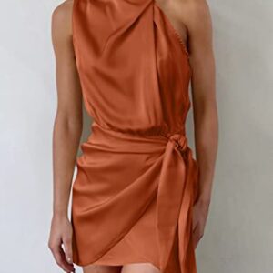 ZESICA Women's 2023 Fashion Satin Sleeveless Halter Neck Tie Waist Wrap Bodycon Cocktail Party Mini Dress,Rust,Medium