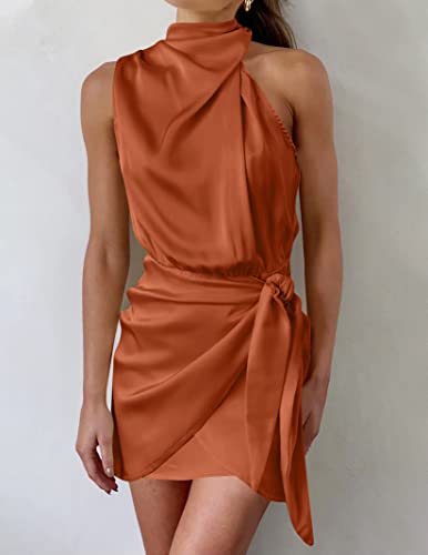 ZESICA Women's 2023 Fashion Satin Sleeveless Halter Neck Tie Waist Wrap Bodycon Cocktail Party Mini Dress,Rust,Medium