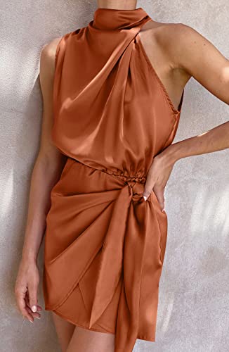 ZESICA Women's 2023 Fashion Satin Sleeveless Halter Neck Tie Waist Wrap Bodycon Cocktail Party Mini Dress,Rust,Medium