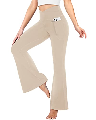 YOLIX Yoga Pants with Pockets for Women, Crossover High Waisted Flare Leggings Khaki