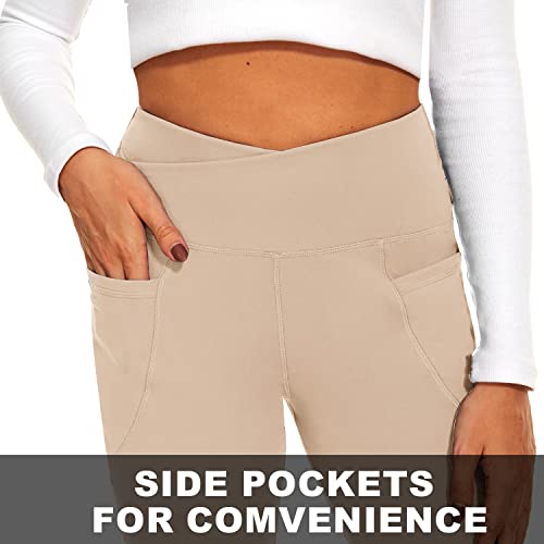 YOLIX Yoga Pants with Pockets for Women, Crossover High Waisted Flare Leggings Khaki