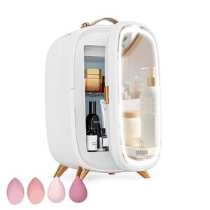specilite mini fridge, 6l skincare fridge with mirror and led lighting portable cooler small refrigerator for bedroom, beauty, makeup, skin care, beverage, cosmetics (white)