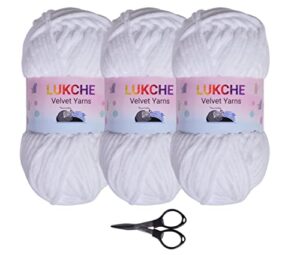 lukche super soft velvet chenille blanket amigurumi crochet baby blanket knitting yarn super bulky 3x100 gr (3x132 yds) including foldable scissors (10001-white)