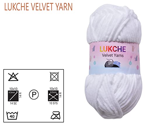 Lukche Super Soft Velvet Chenille Blanket Amigurumi Crochet Baby Blanket Knitting Yarn Super Bulky 3x100 gr (3x132 yds) Including Foldable Scissors (10001-White)