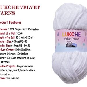 Lukche Super Soft Velvet Chenille Blanket Amigurumi Crochet Baby Blanket Knitting Yarn Super Bulky 3x100 gr (3x132 yds) Including Foldable Scissors (10001-White)