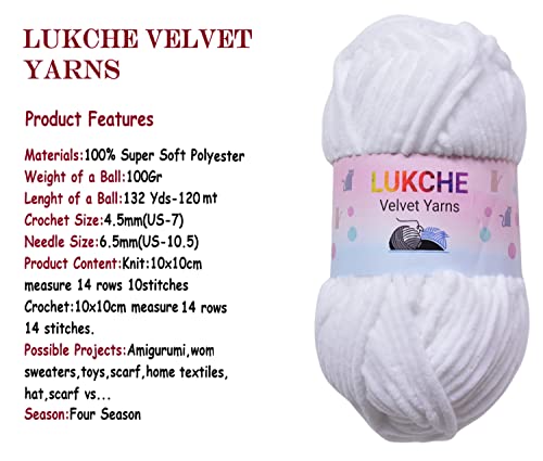 Lukche Super Soft Velvet Chenille Blanket Amigurumi Crochet Baby Blanket Knitting Yarn Super Bulky 3x100 gr (3x132 yds) Including Foldable Scissors (10001-White)