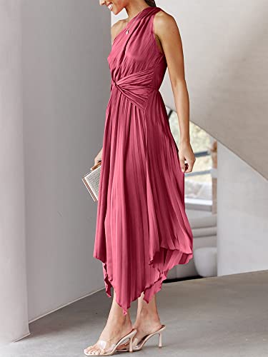 ANRABESS Women's Summer One Shoulder Elegant Cocktail Party Midi Dress Sleeveless Pleated Asymmetric Satin Evening Night Dress Wedding Guest Graduation Prom Dresses 751zaohong-S Maroon