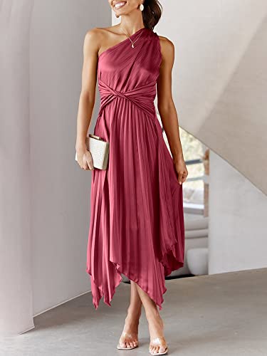 ANRABESS Women's Summer One Shoulder Elegant Cocktail Party Midi Dress Sleeveless Pleated Asymmetric Satin Evening Night Dress Wedding Guest Graduation Prom Dresses 751zaohong-S Maroon