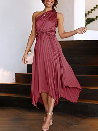 ANRABESS Women's Summer One Shoulder Elegant Cocktail Party Midi Dress Sleeveless Pleated Asymmetric Satin Evening Night Dress Wedding Guest Graduation Prom Dresses 751zaohong-S Maroon