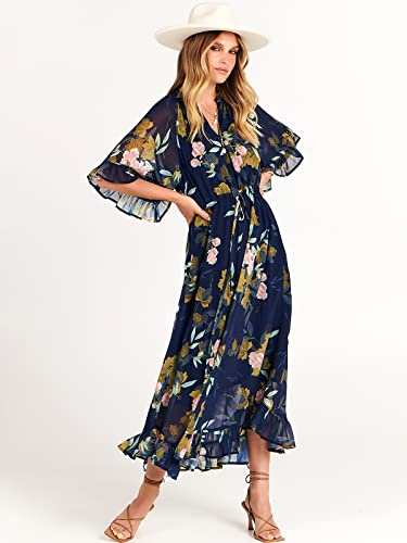 ANRABESS Women's Summer Ruffle Maxi Dress Floral Print 3/4 Bell Sleeve V Neck High Waist Flowy Boho Long Dress 746fenchahua-L