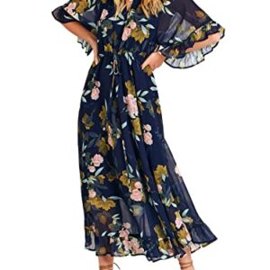 ANRABESS Women's Summer Ruffle Maxi Dress Floral Print 3/4 Bell Sleeve V Neck High Waist Flowy Boho Long Dress 746fenchahua-L