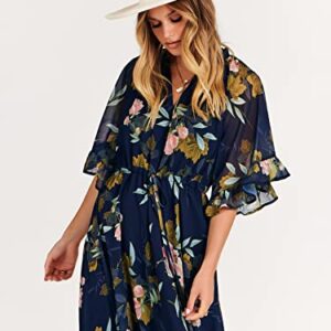 ANRABESS Women's Summer Ruffle Maxi Dress Floral Print 3/4 Bell Sleeve V Neck High Waist Flowy Boho Long Dress 746fenchahua-L