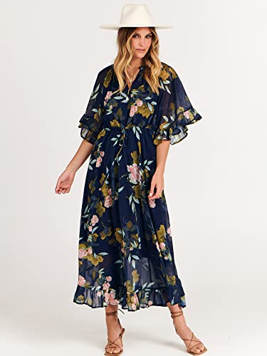 ANRABESS Women's Summer Ruffle Maxi Dress Floral Print 3/4 Bell Sleeve V Neck High Waist Flowy Boho Long Dress 746fenchahua-L