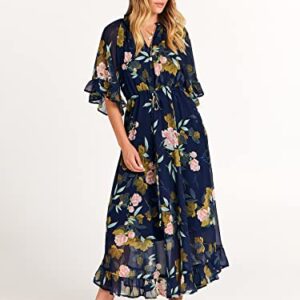 ANRABESS Women's Summer Ruffle Maxi Dress Floral Print 3/4 Bell Sleeve V Neck High Waist Flowy Boho Long Dress 746fenchahua-L
