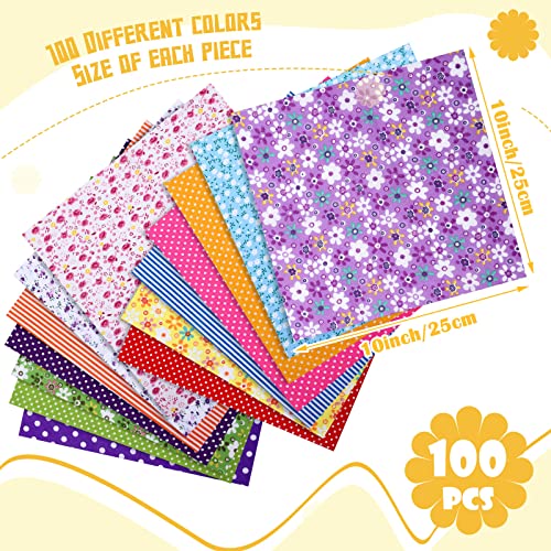 100 Pcs 10 x 10 Inch Quilting Cotton Fabric Bundle for DIY Sewing Fabric Precuts Quilt Squares Multi Color Printed Floral Square Patchwork Supplies for Quilting Patchwork, DIY Craft, Scrapbooking