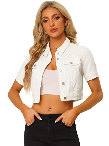 Allegra K Casual Jacket for Women's Short Sleeves Crop Jean Denim Jacket Small White