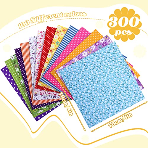 300 Pcs 4" x 4" (10 cm x 10 cm) Precut Cotton Craft Fabric Bundle Squares Floral Patterns Sewing Quarters Bundle Quilting Fabric DIY Material for Sewing Fabric Scraps Squares Sheets Patchwork for Kids