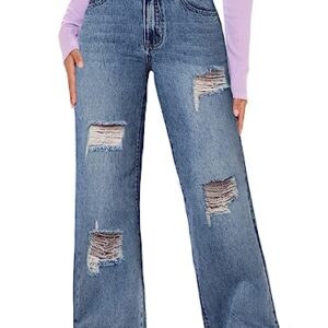 Genleck Womens Ripped Wide Leg Jeans High Waisted Baggy Y2K Distressed Jeans for Women Pants Denim