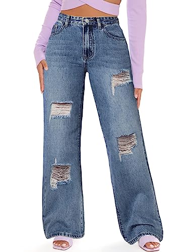 Genleck Womens Ripped Wide Leg Jeans High Waisted Baggy Y2K Distressed Jeans for Women Pants Denim