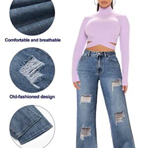 Genleck Womens Ripped Wide Leg Jeans High Waisted Baggy Y2K Distressed Jeans for Women Pants Denim